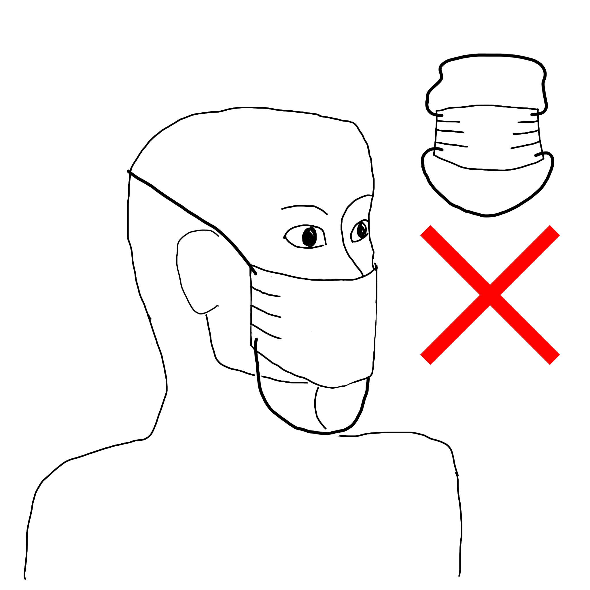 A mask with head elastics, with only the upper one being worn, and the lower one hanging down from the unfastened bottom of the mask.