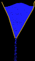 A cone filled with Water, pouring into empty space. Bubbles are floating up through the Water.