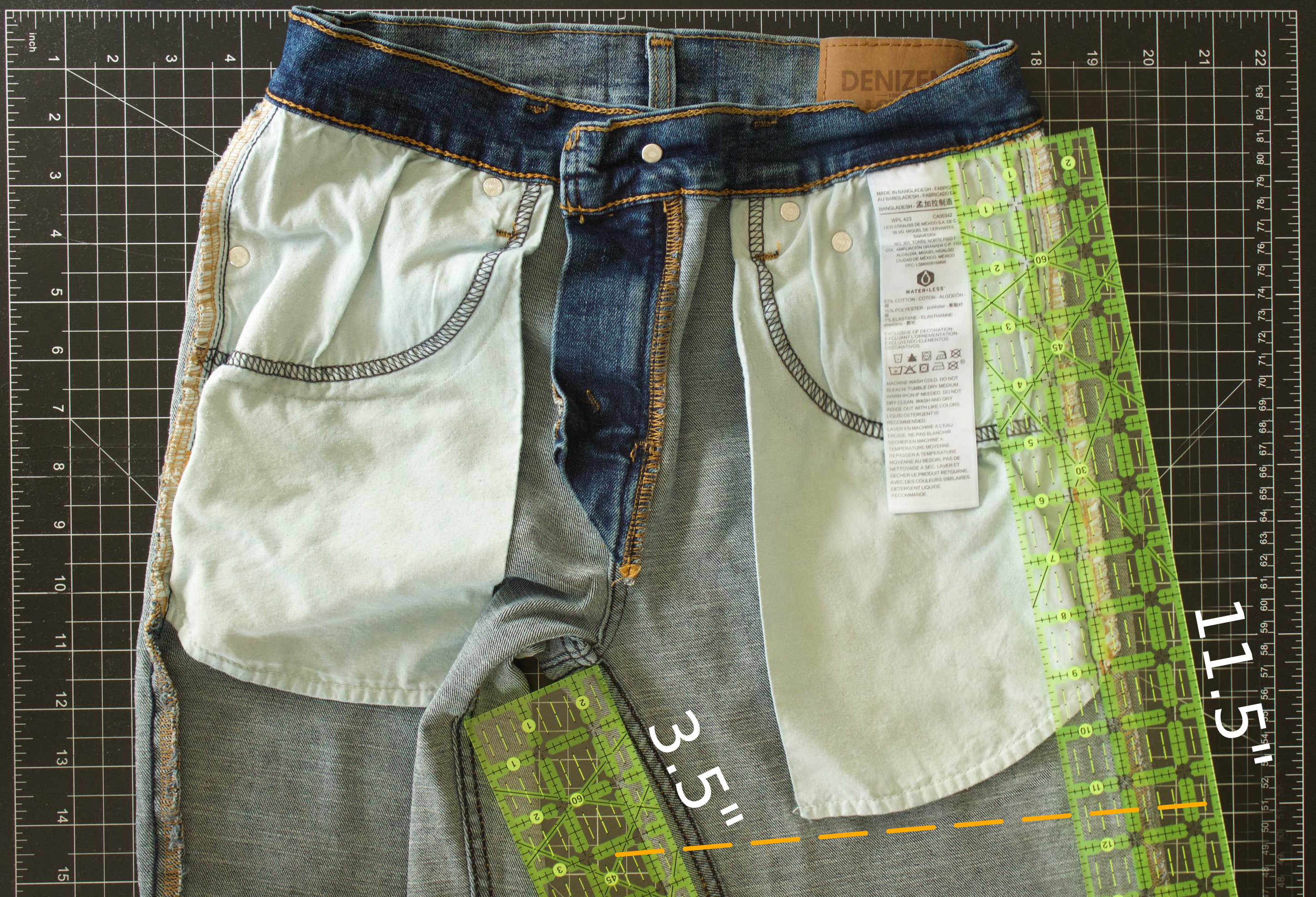 Annotated photo of the upper portion of the jeans showing the 3.5-inch and 11.5-inch measurements.